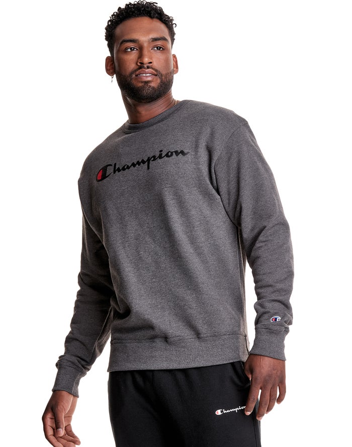 Champion Mens Sweatshirt NZ - Powerblend Crew Script Logo Dark Grey ( 7623-BGDUS )